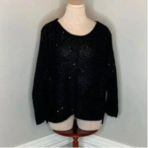 Club Monaco Women's Scoop Neck 3/4 Sleeve Sequined Black Top Large
